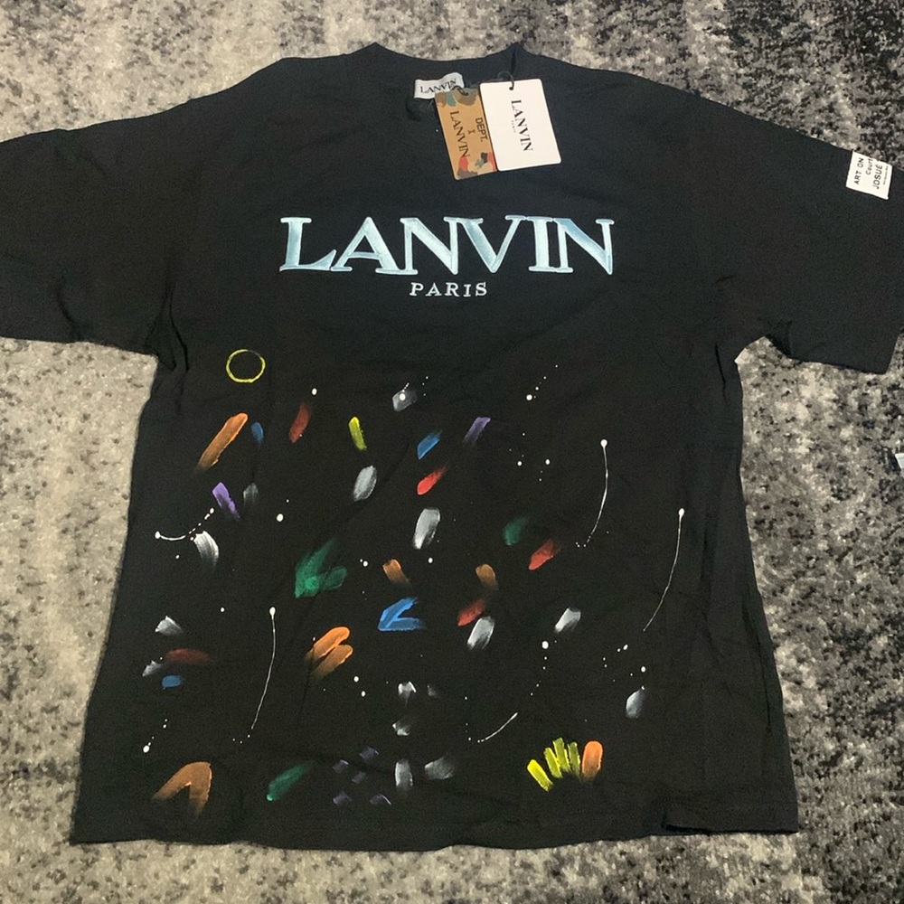 LANVIN Black Paint Splatter Blue Logo Paris T-Shirt Men’s Size Large